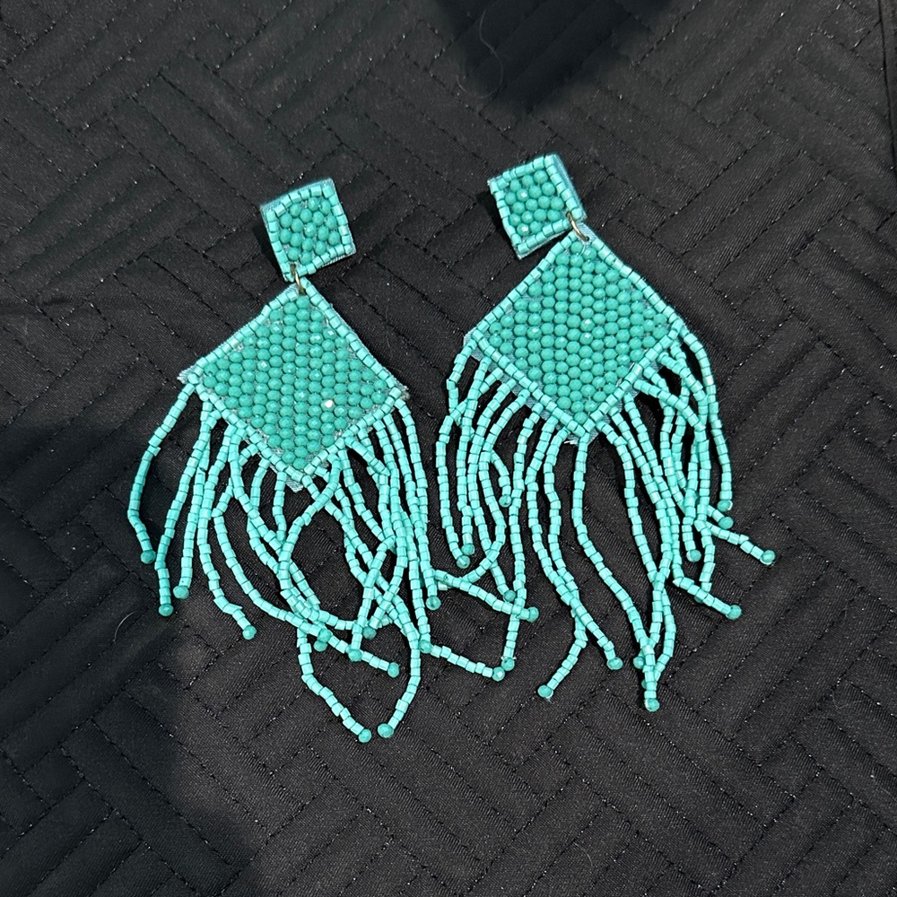 Turquoise Beaded Fringe Earrings